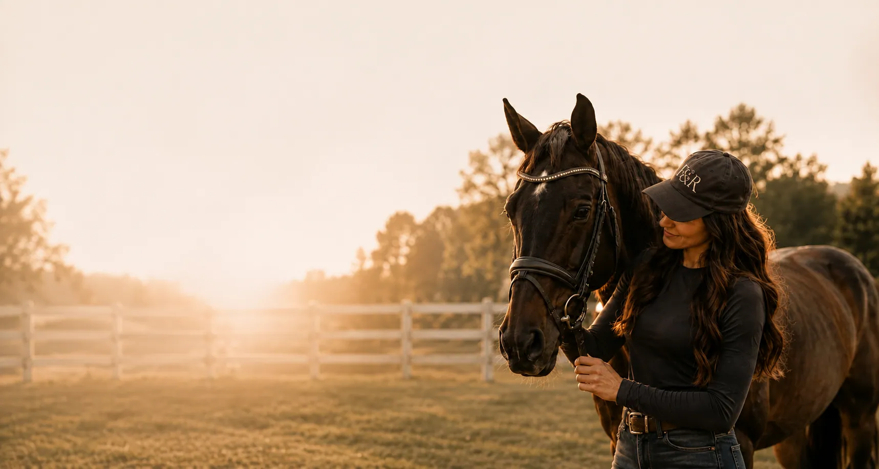 Horsewoman standing with her horse in a paddock at sunrise