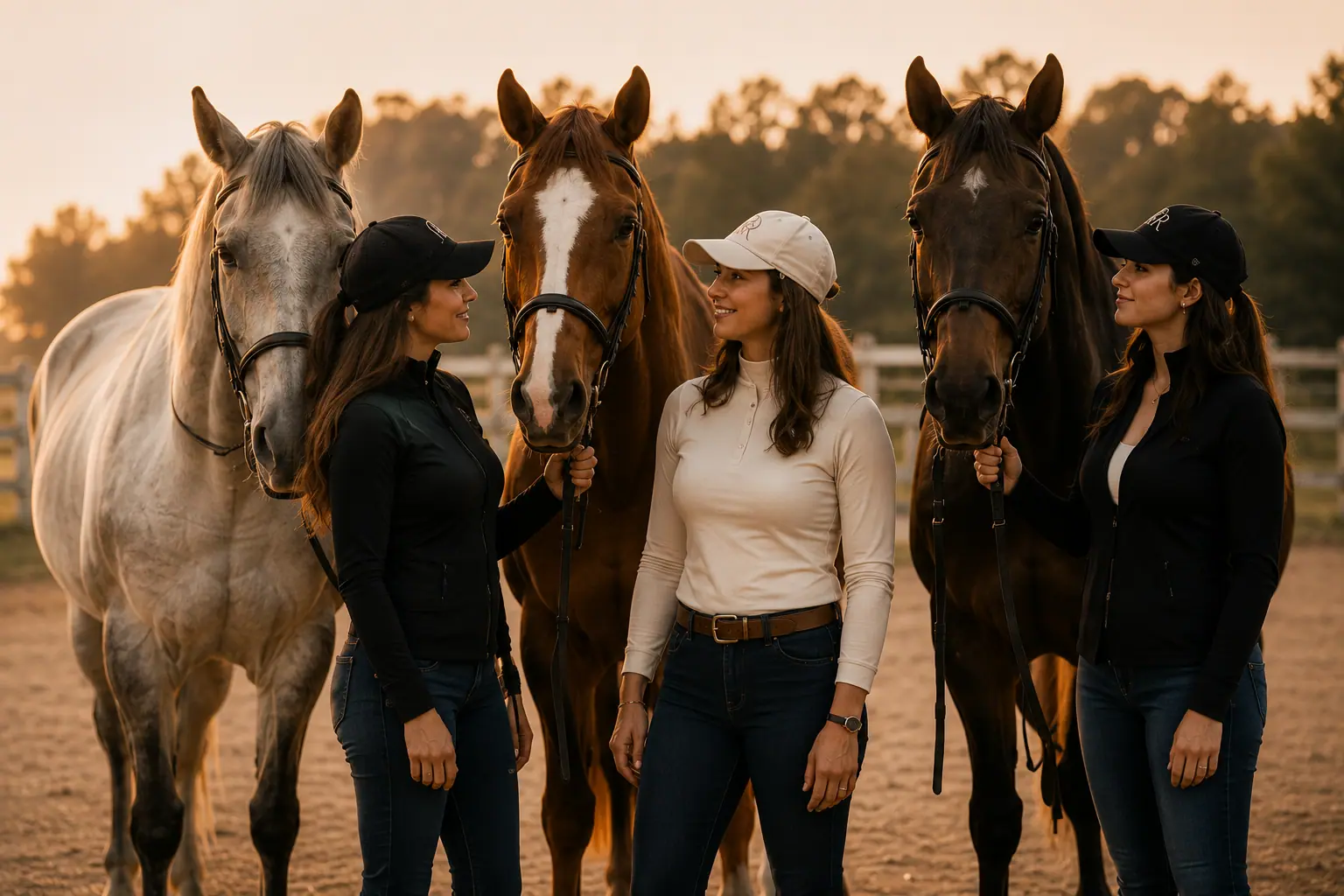 Three horsewomen standing together with their horses at sunset